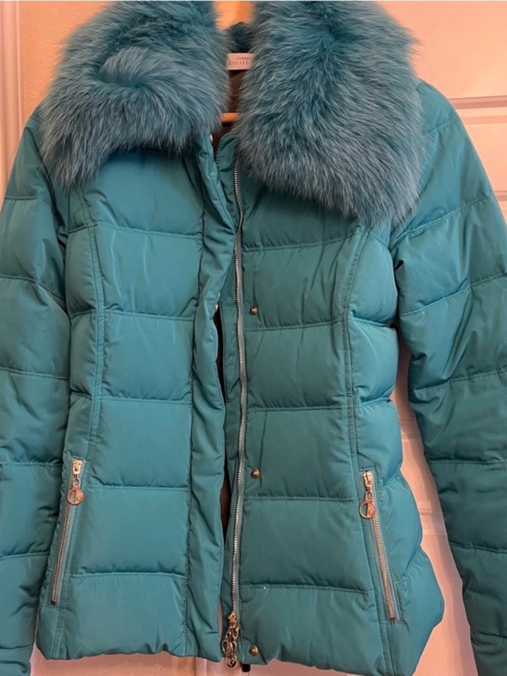 Versace Teal Quilted Puffer Jacket with Fur Collar